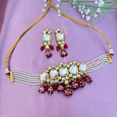 Kundan Choker Necklace Set with Pearl and Stone Drops