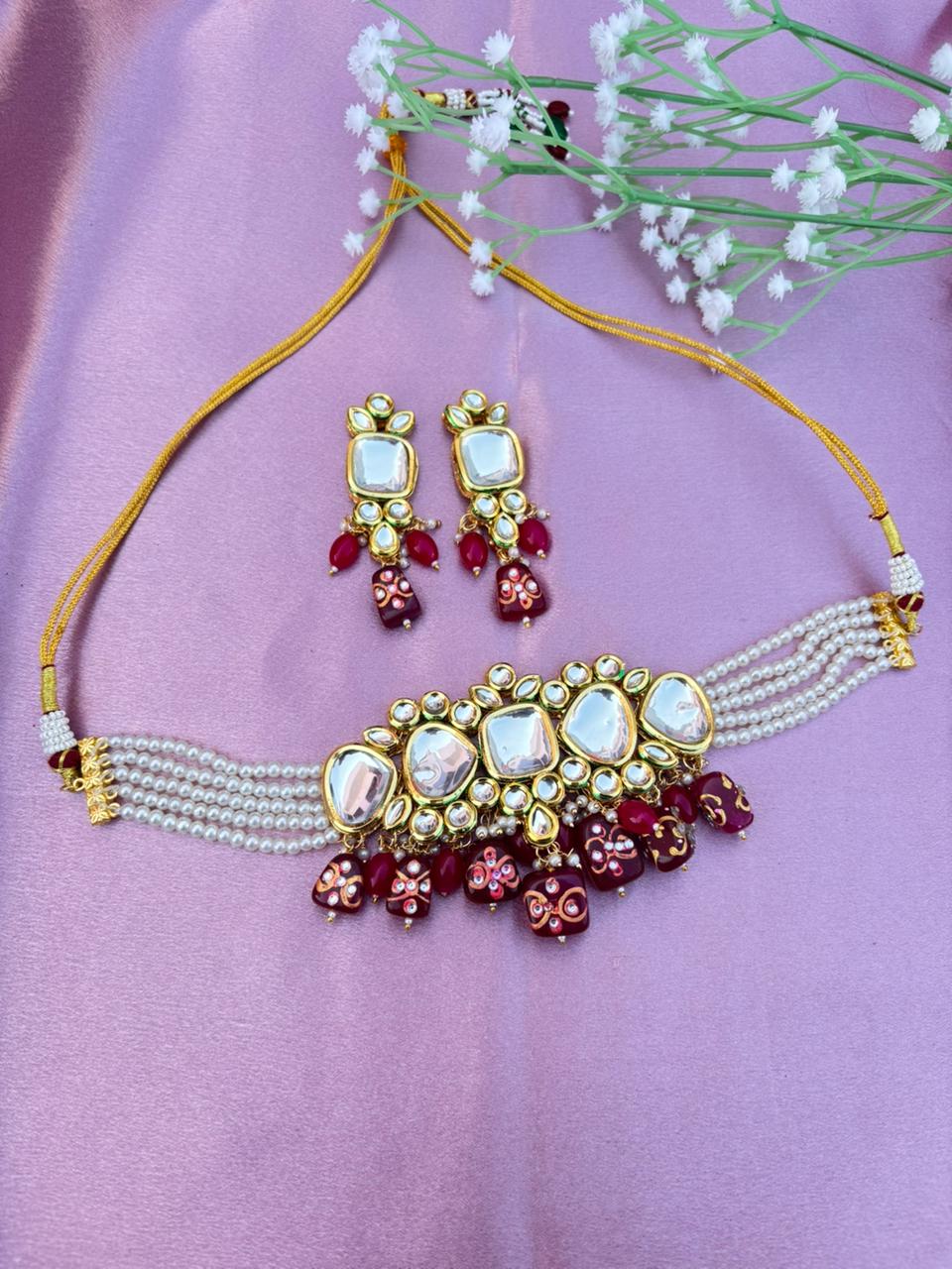 Kundan Choker Necklace Set with Pearl and Stone Drops