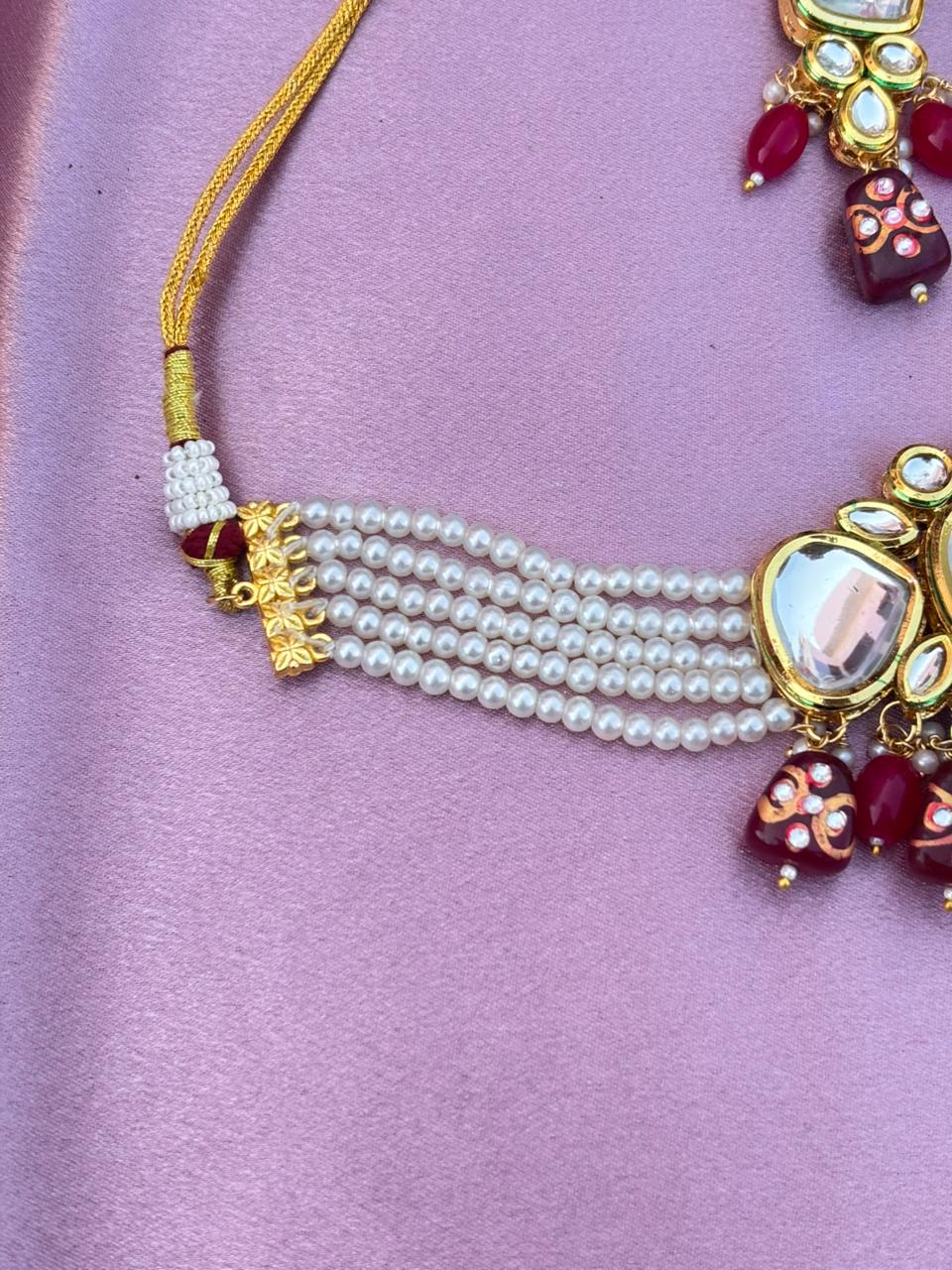 Kundan Choker Necklace Set with Pearl and Stone Drops - Image 4