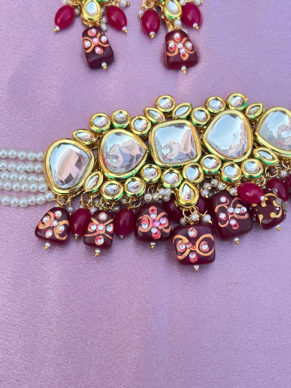 Kundan Choker Necklace Set with Pearl and Stone Drops - Image 2