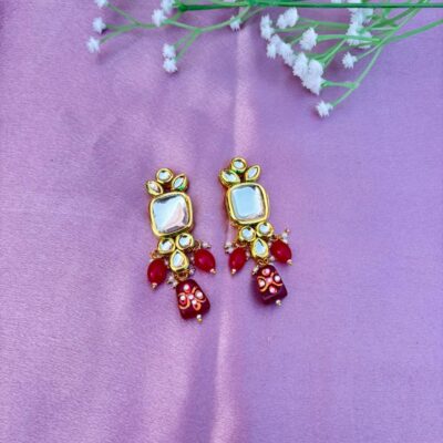 Handcrafted Kundan & Maroon Beaded Dangle Earrings