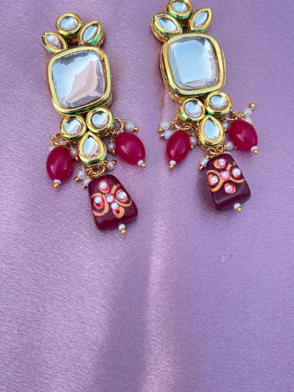 Handcrafted Kundan & Maroon Beaded Dangle Earrings - Image 3