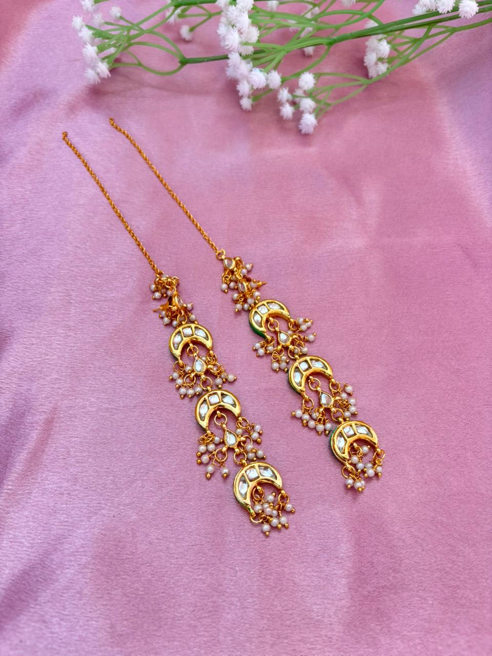 The Naaz: Elegant Kundan Crescent Moon Pearl Ear Sahare