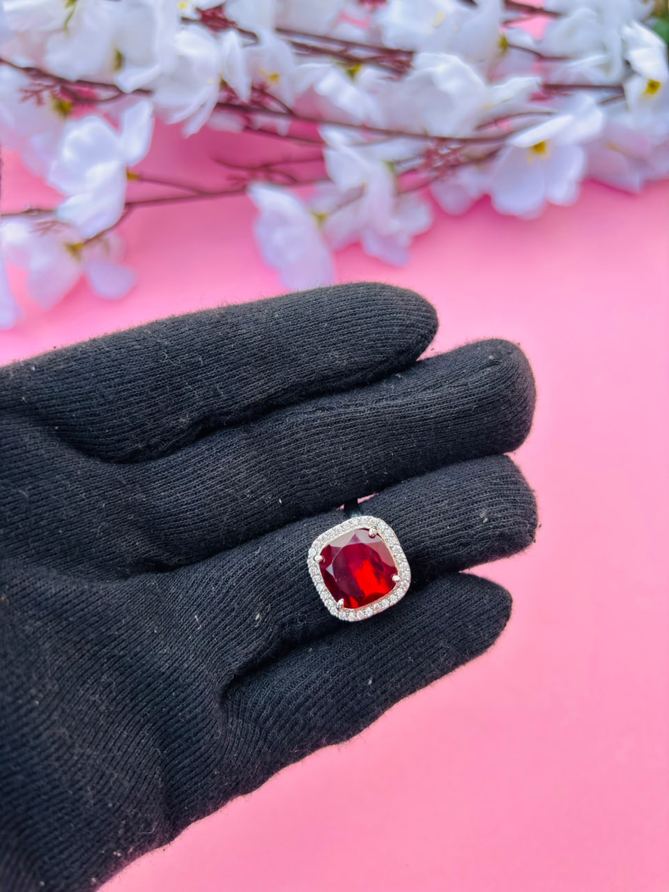 Exquisite Red Gemstone Halo Cocktail Ring - Image 4