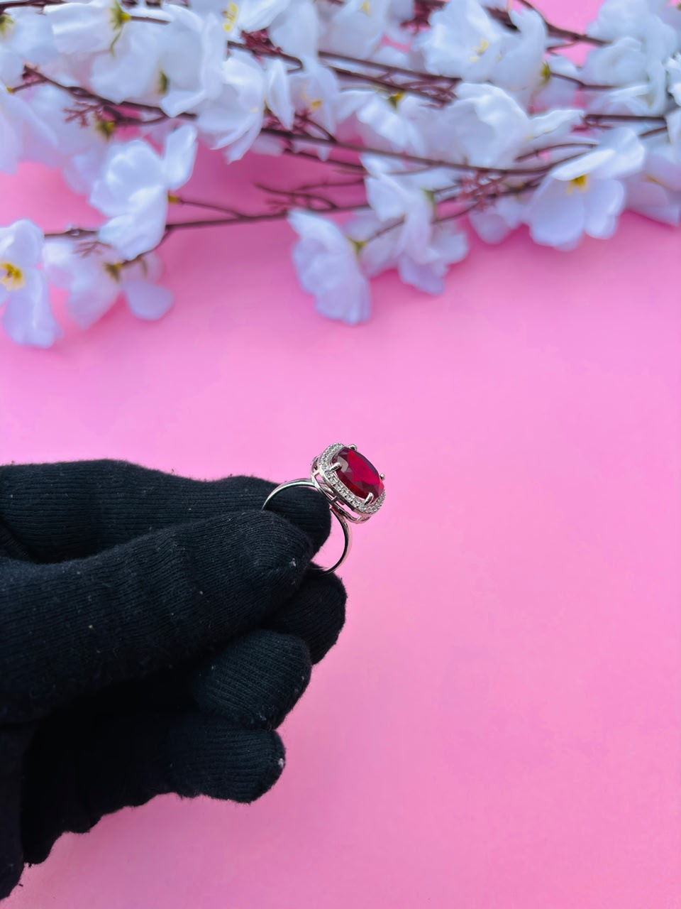 Exquisite Red Gemstone Halo Cocktail Ring - Image 3