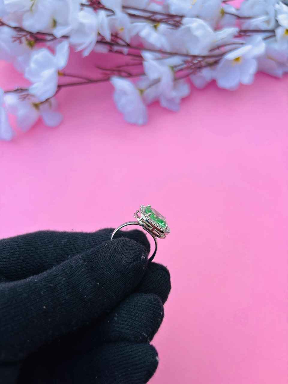 Exquisite Green Gemstone Halo Cocktail Ring - Image 3
