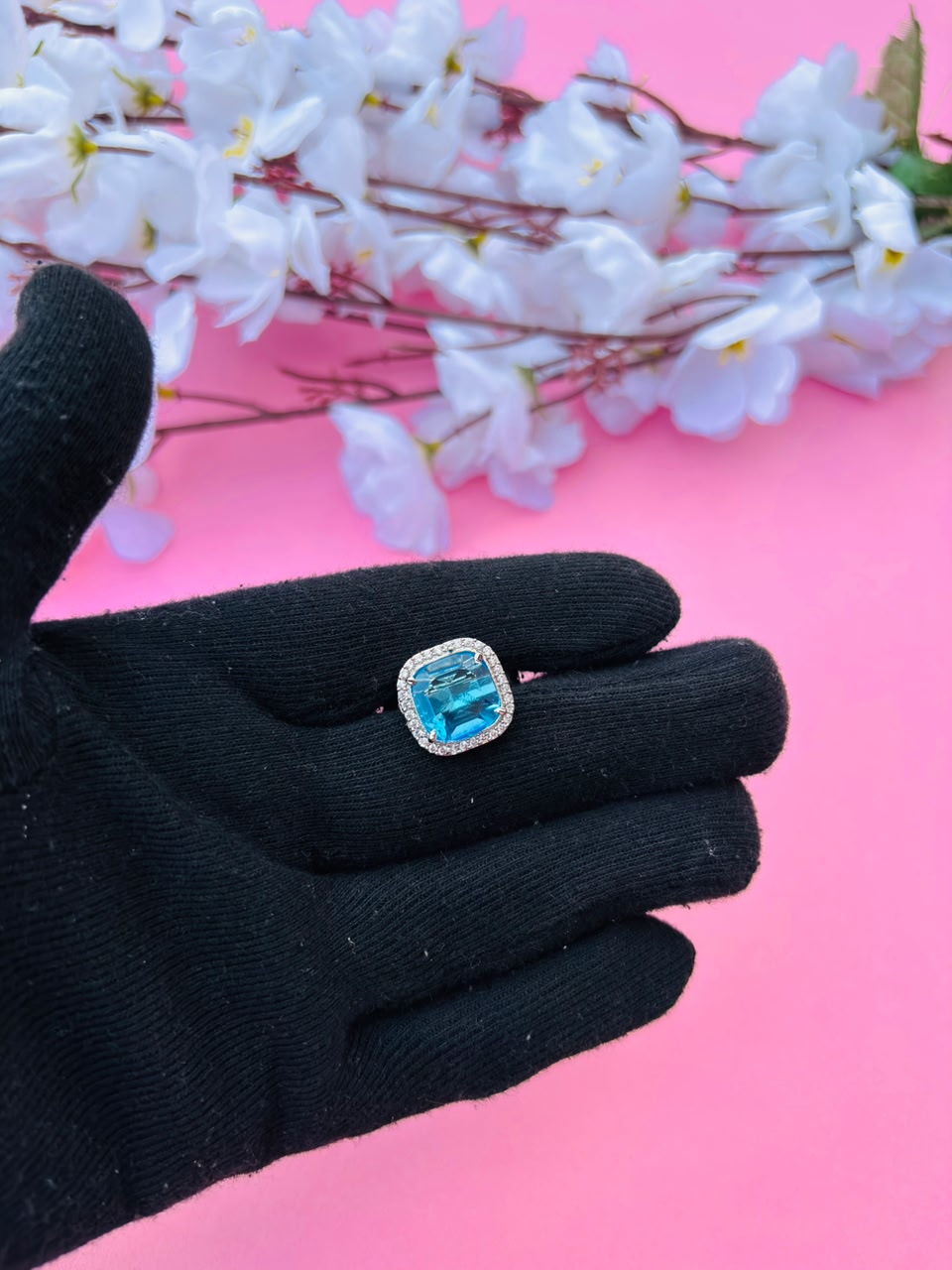 Exquisite Blue Gemstone Halo Cocktail Ring - Image 2