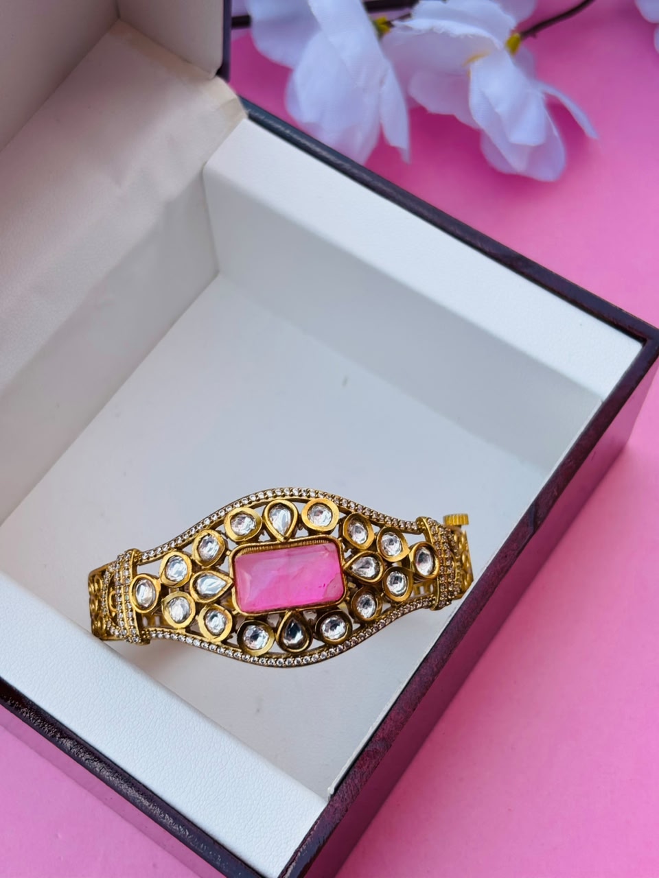 Royal Red Stone and Kundan Embellished Hinged Openable Bracelet (Pack Of 1) - Image 2