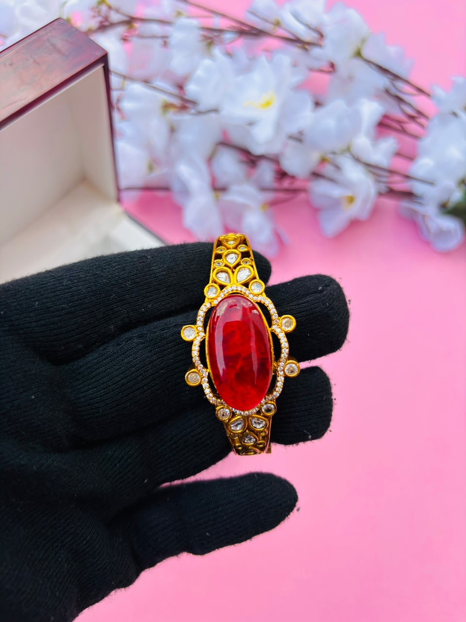 Royal Red Stone and Kundan Embellished Hinged Openable Bracelet (Pack Of 1) - Image 3