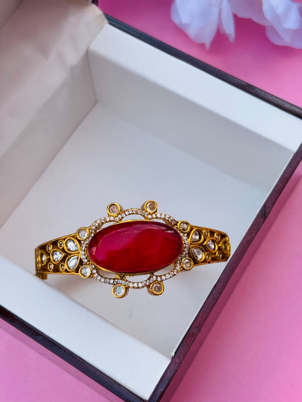Royal Red Stone and Kundan Embellished Hinged Openable Bracelet (Pack Of 1) - Image 2