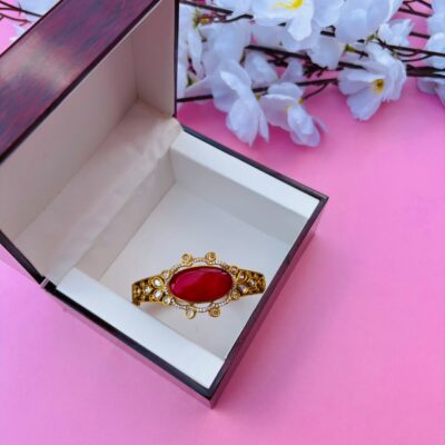 Royal Red Stone and Kundan Embellished Hinged Openable Bracelet (Pack Of 1)