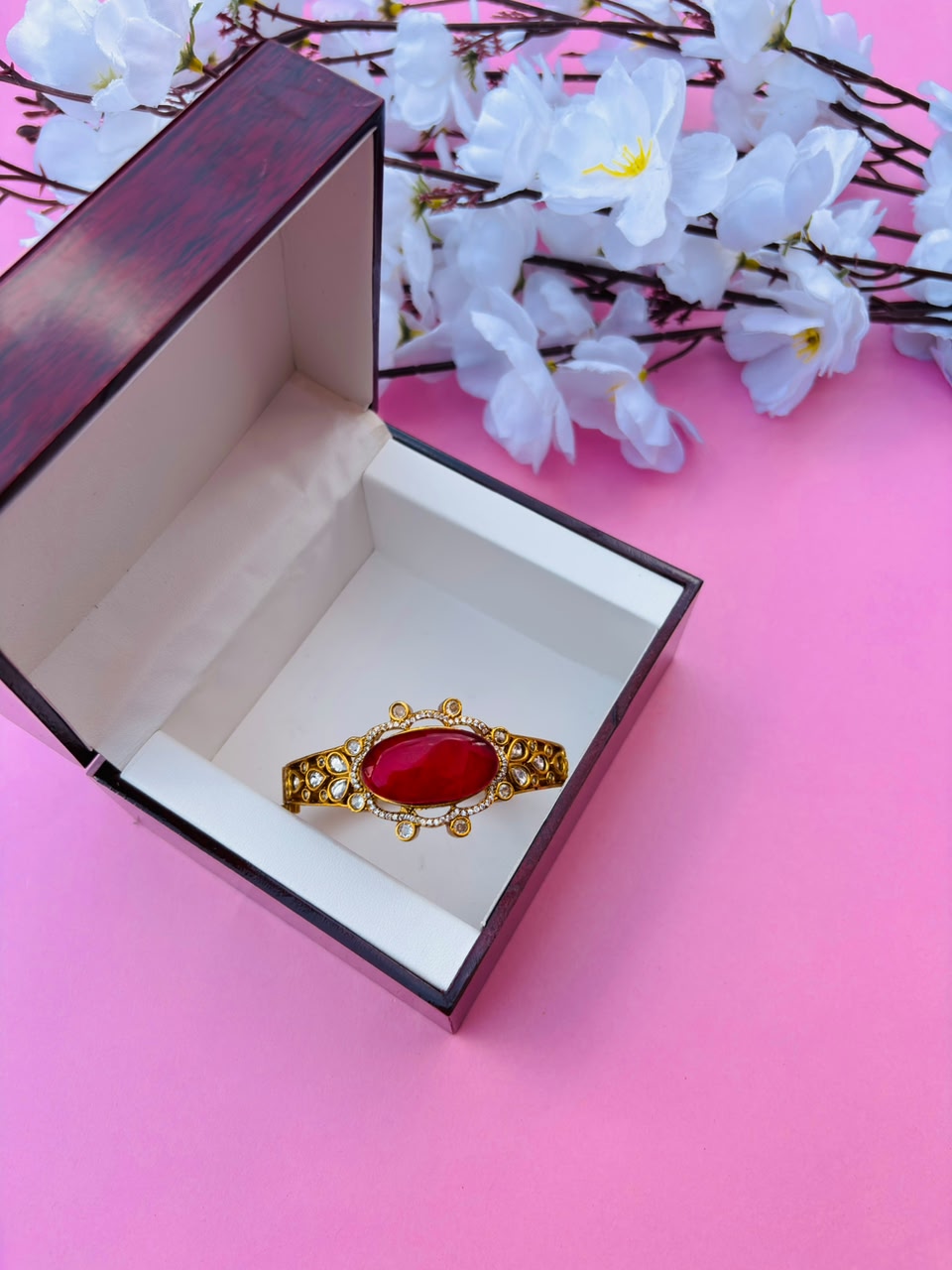 Royal Red Stone and Kundan Embellished Hinged Openable Bracelet (Pack Of 1)