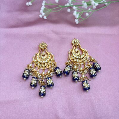 Handcrafted Blue Meenakari & Kundan Chandbali Earrings