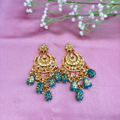 Handcrafted Blue Meenakari & Kundan Chandbali Earrings