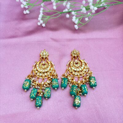 Handcrafted Green Meenakari & Kundan Chandbali Earrings