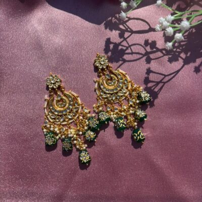 Handcrafted Green Meenakari & Kundan Chandbali Earrings
