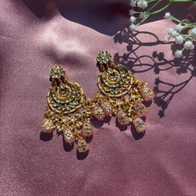 Handcrafted Pink Meenakari & Kundan Chandbali Earrings