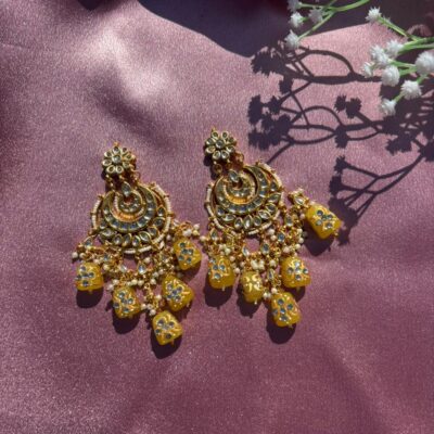 Handcrafted Yellow Meenakari & Kundan Chandbali Earrings