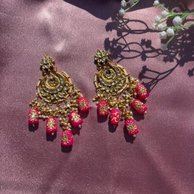 Handcrafted Hot Pink Meenakari & Kundan Chandbali Earrings