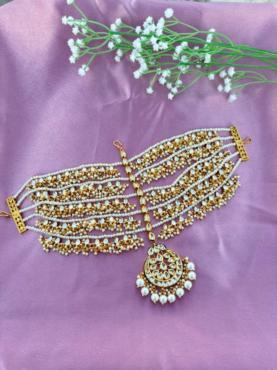 Heavy Ethnic Bridal Headpiece with Pearl Drops - Image 5