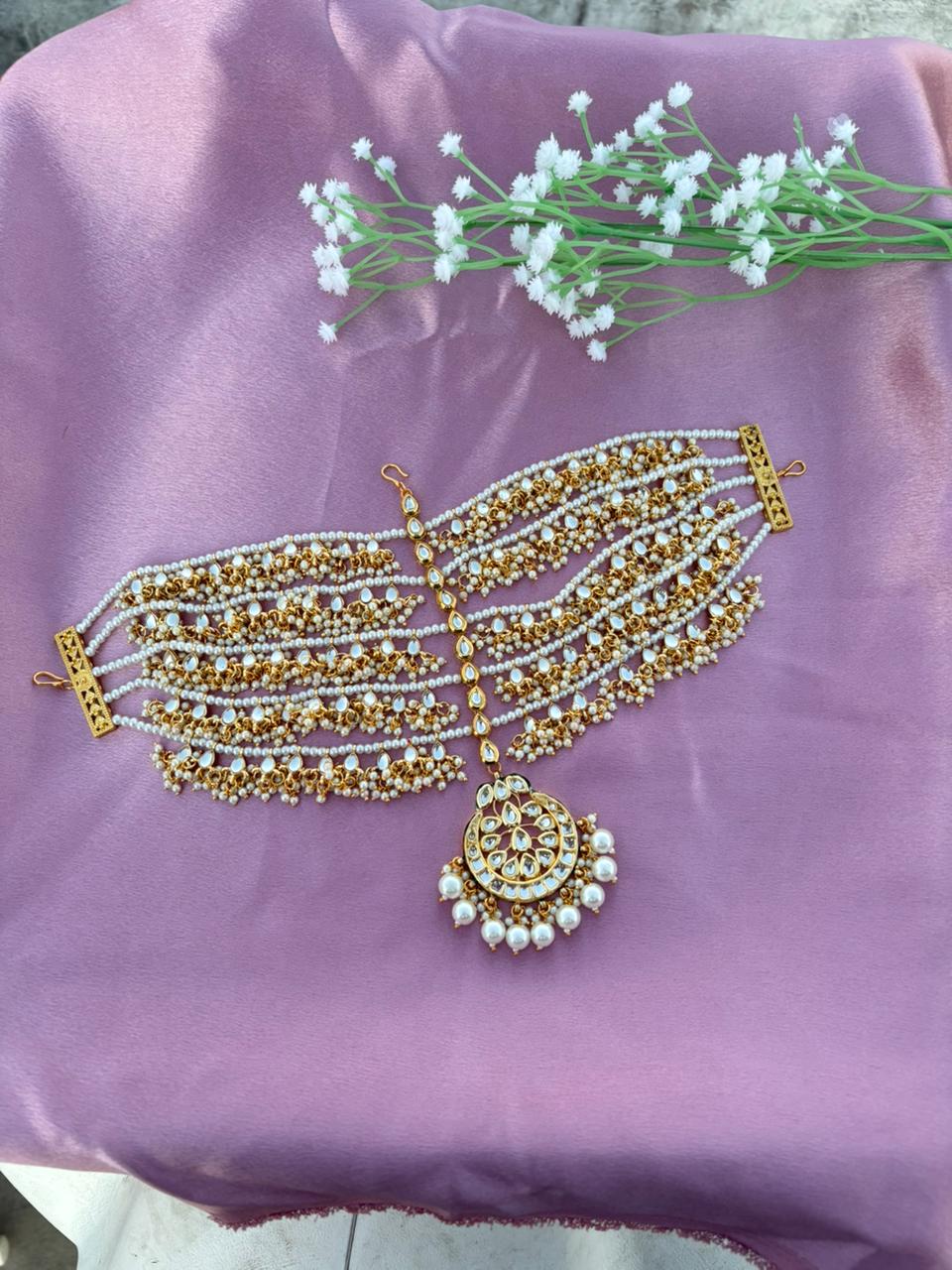 Heavy Ethnic Bridal Headpiece with Pearl Drops