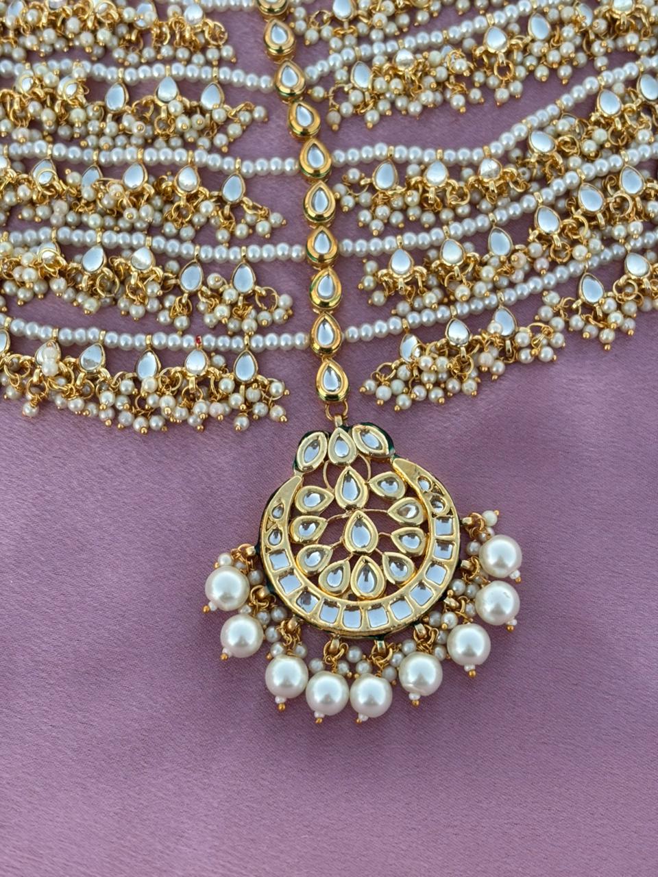 Heavy Ethnic Bridal Headpiece with Pearl Drops - Image 2