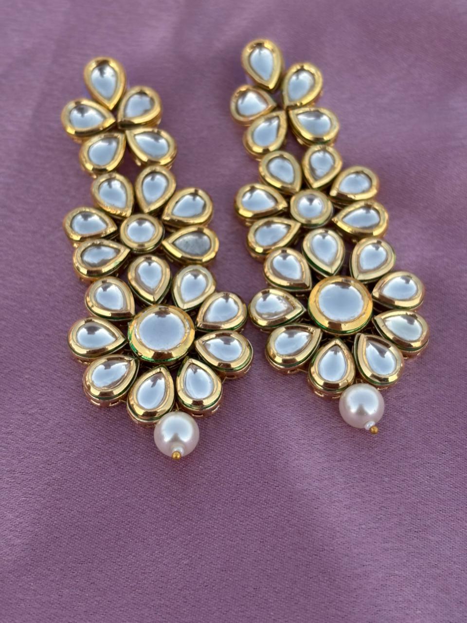 Elegant Floral Kundan & Pearl Drop Earrings - Image 3
