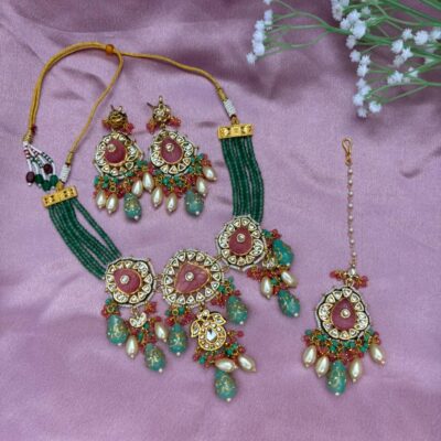 Pink & Green Kundan Choker Necklace Set with Maang Tikka