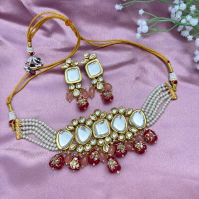 Kundan Choker Necklace Set with Pearl and Stone Drops