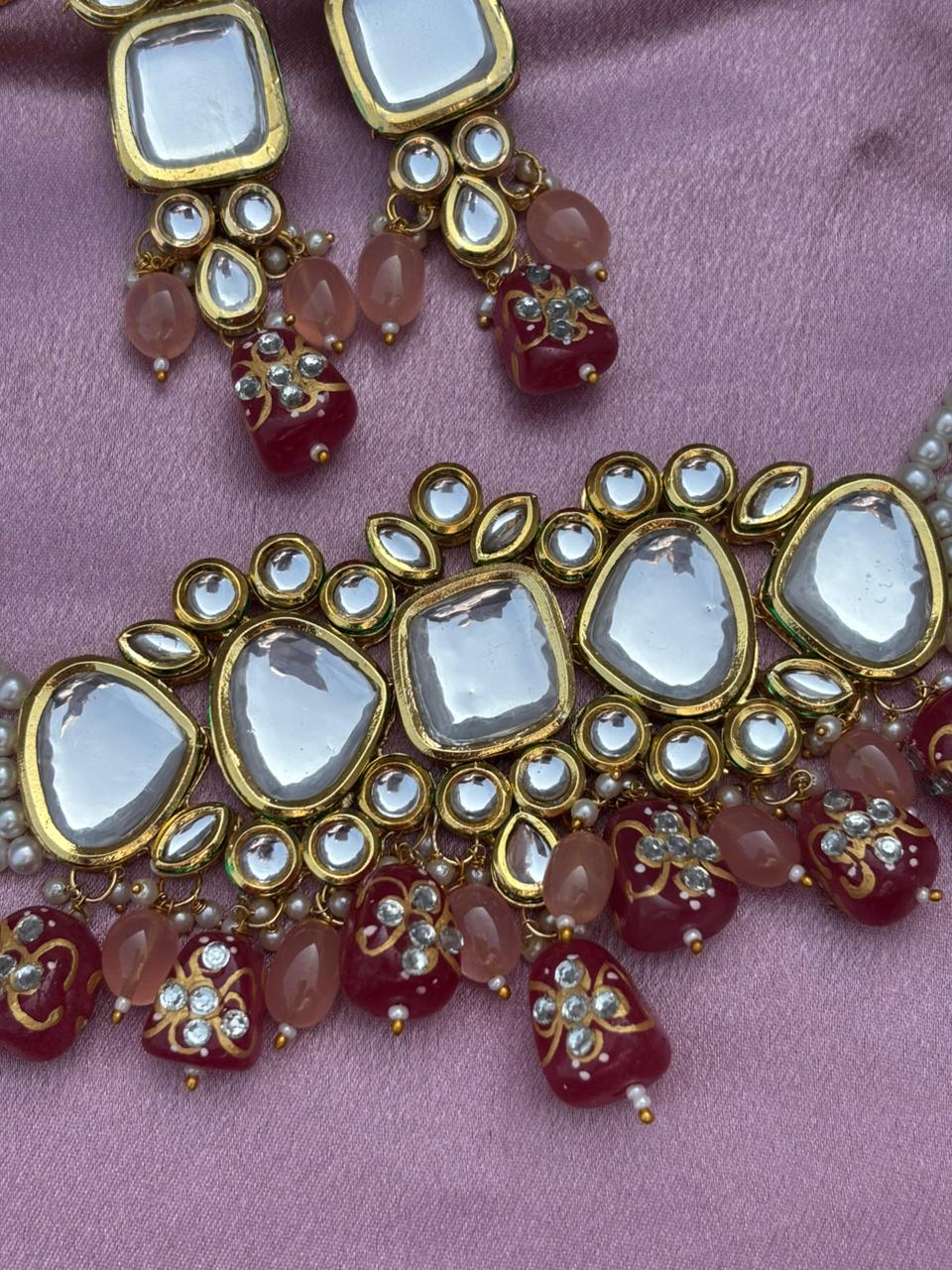 Kundan Choker Necklace Set with Pearl and Stone Drops - Image 3