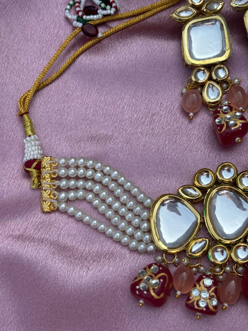 Kundan Choker Necklace Set with Pearl and Stone Drops - Image 4
