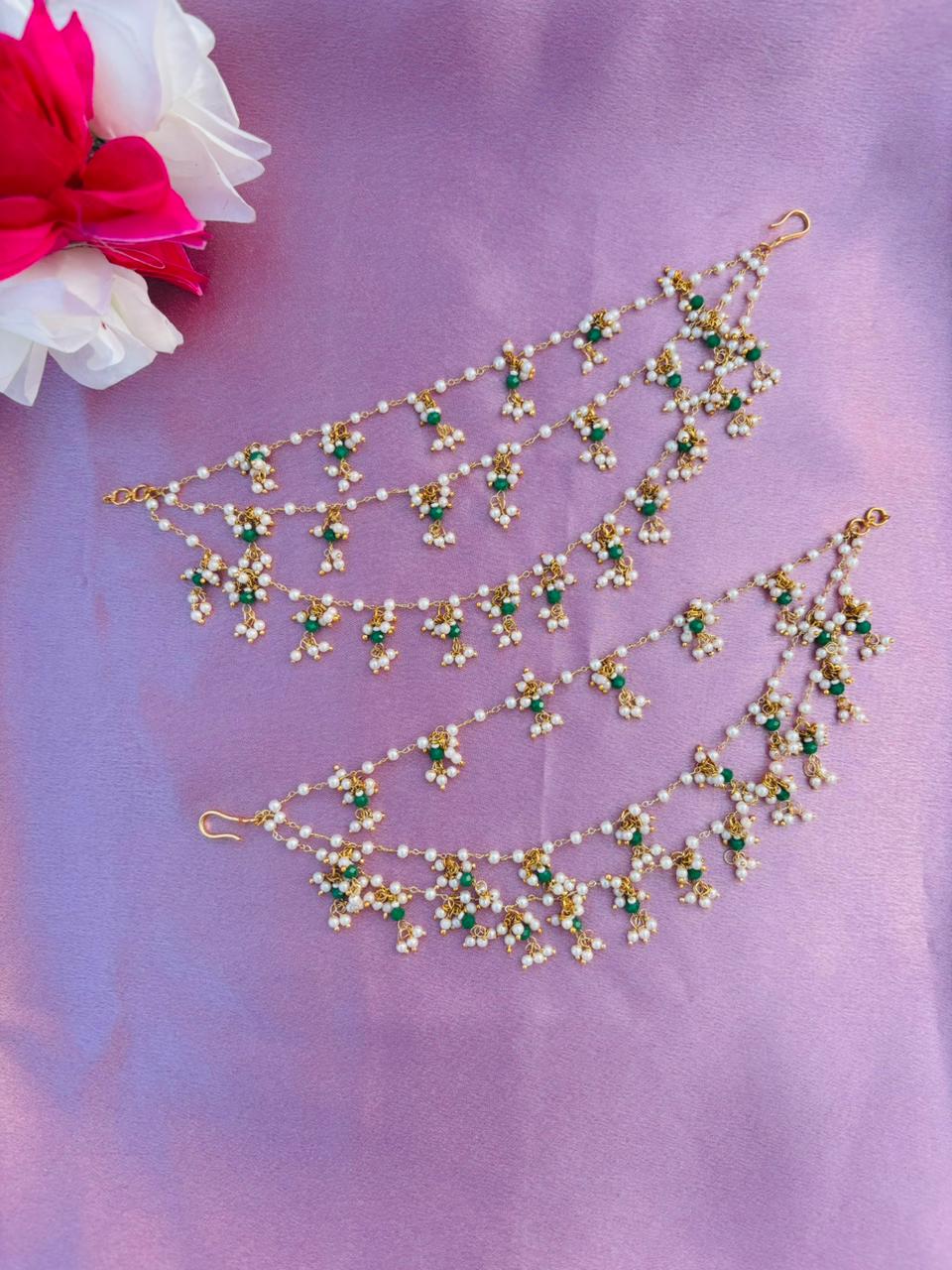 The Naaz: Elegant Green & White Pearl Layered Ear Sahara