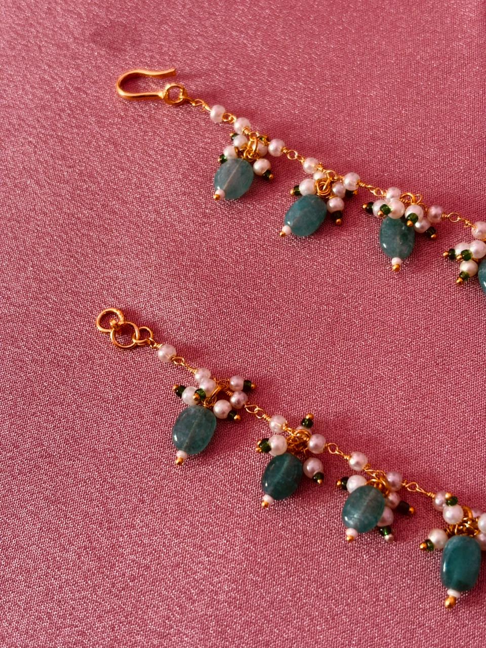 Handcrafted Green Stone & Pearl Ear Chain - Image 3