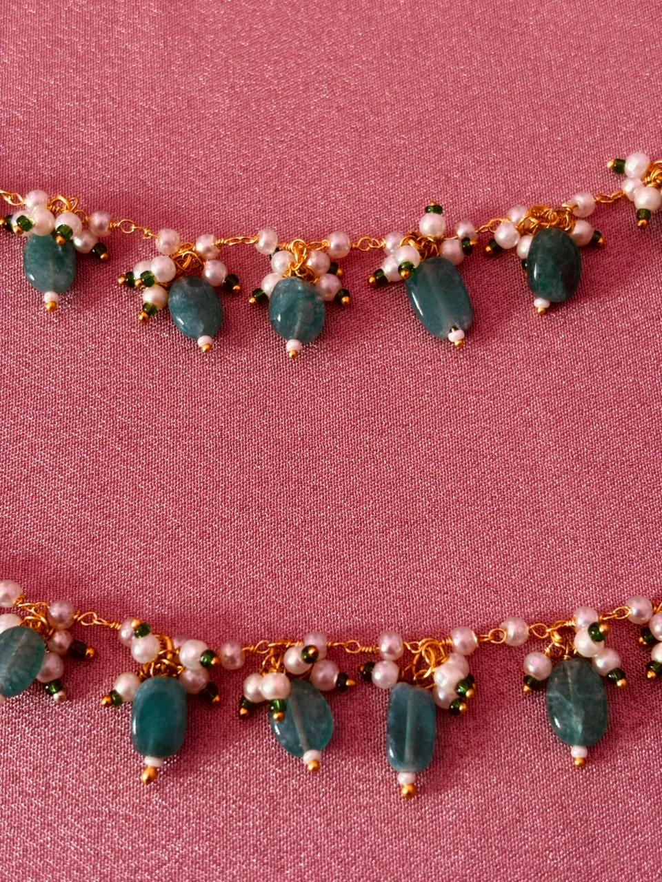 Handcrafted Green Stone & Pearl Ear Chain - Image 2