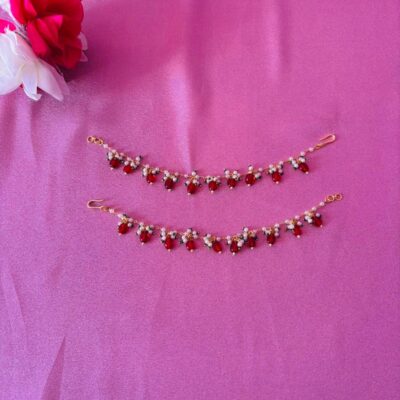 Handcrafted Red Stone & Pearl Ear Chain