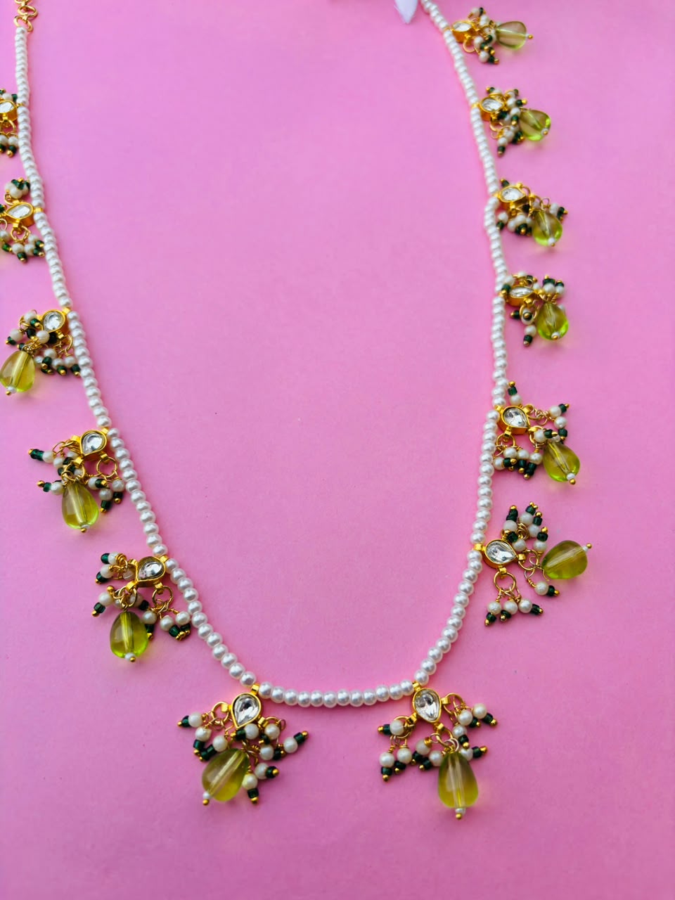 Long Pearl Mala with Kundan and Green Bead Accents - Image 3