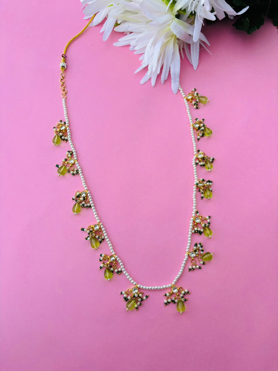 Long Pearl Mala with Kundan and Green Bead Accents - Image 2