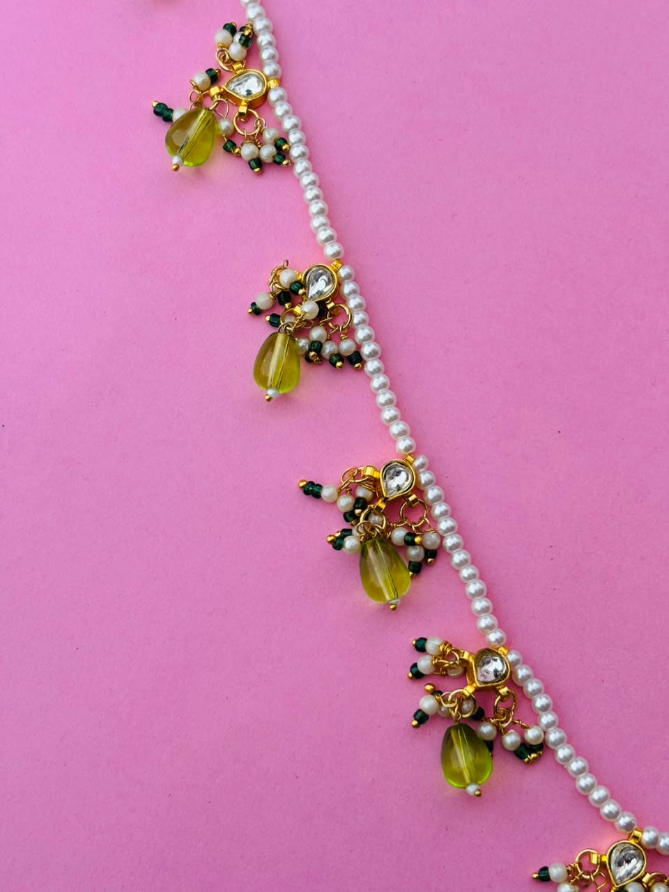 Long Pearl Mala with Kundan and Green Bead Accents - Image 4