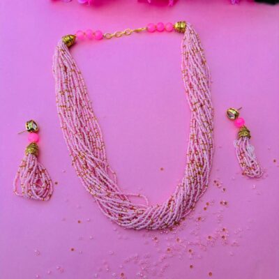 Multi-Layered Pink Beads & Golden Beads Necklace Set