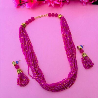 Multi-Layered Pink Beads & Golden Beads Necklace Set