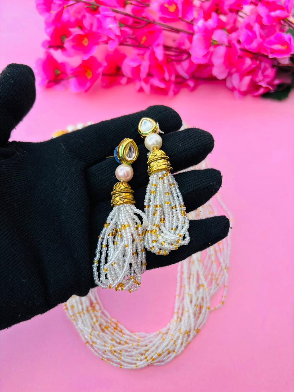 Multi-Layered Pearl & Golden Bead Necklace Set - Image 4