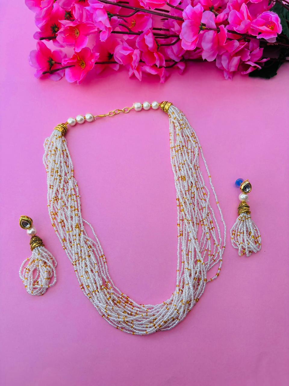 Multi-Layered Pearl & Golden Bead Necklace Set