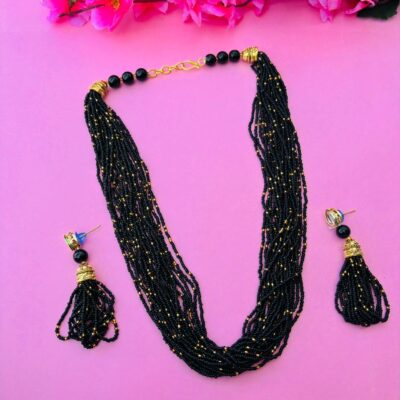 Multi-Layered Black Beads & Golden Beads Necklace Set