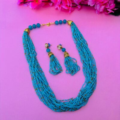 Multi-Layered Blue Beads & Golden Beads Necklace Set