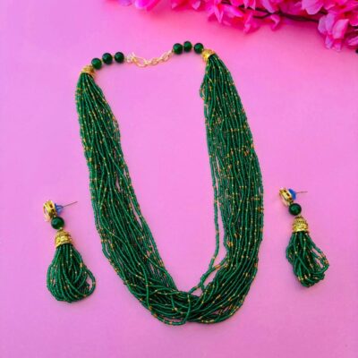 Multi-Layered Green Beads & Golden Beads Necklace Set
