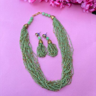 Multi-Layered Green Beads & Golden Beads Necklace Set