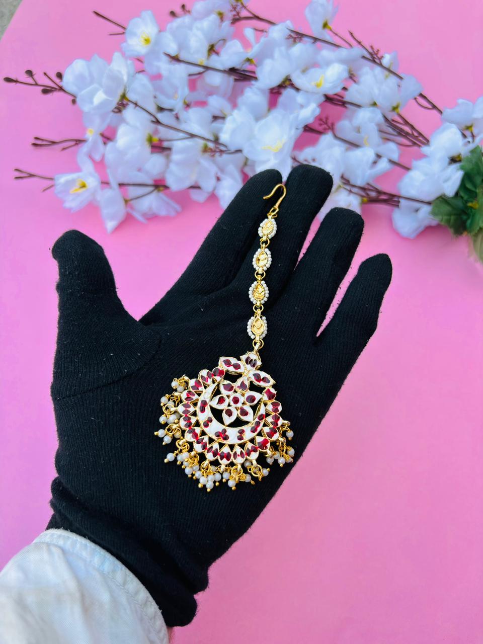 Gold Plated Kundan With White Pearl Maangtika - Image 5