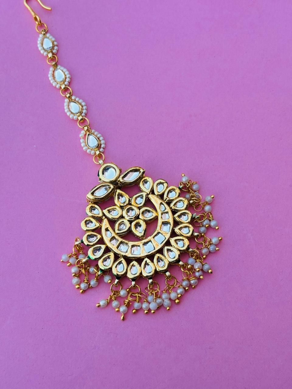Gold Plated Kundan With White Pearl Maangtika - Image 3