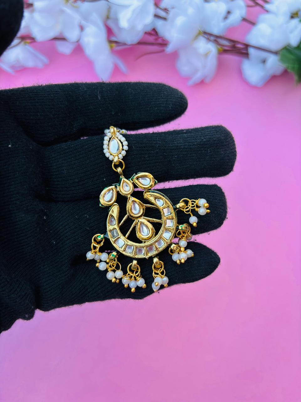 Gold Plated Kundan With White Pearl Maangtika - Image 5