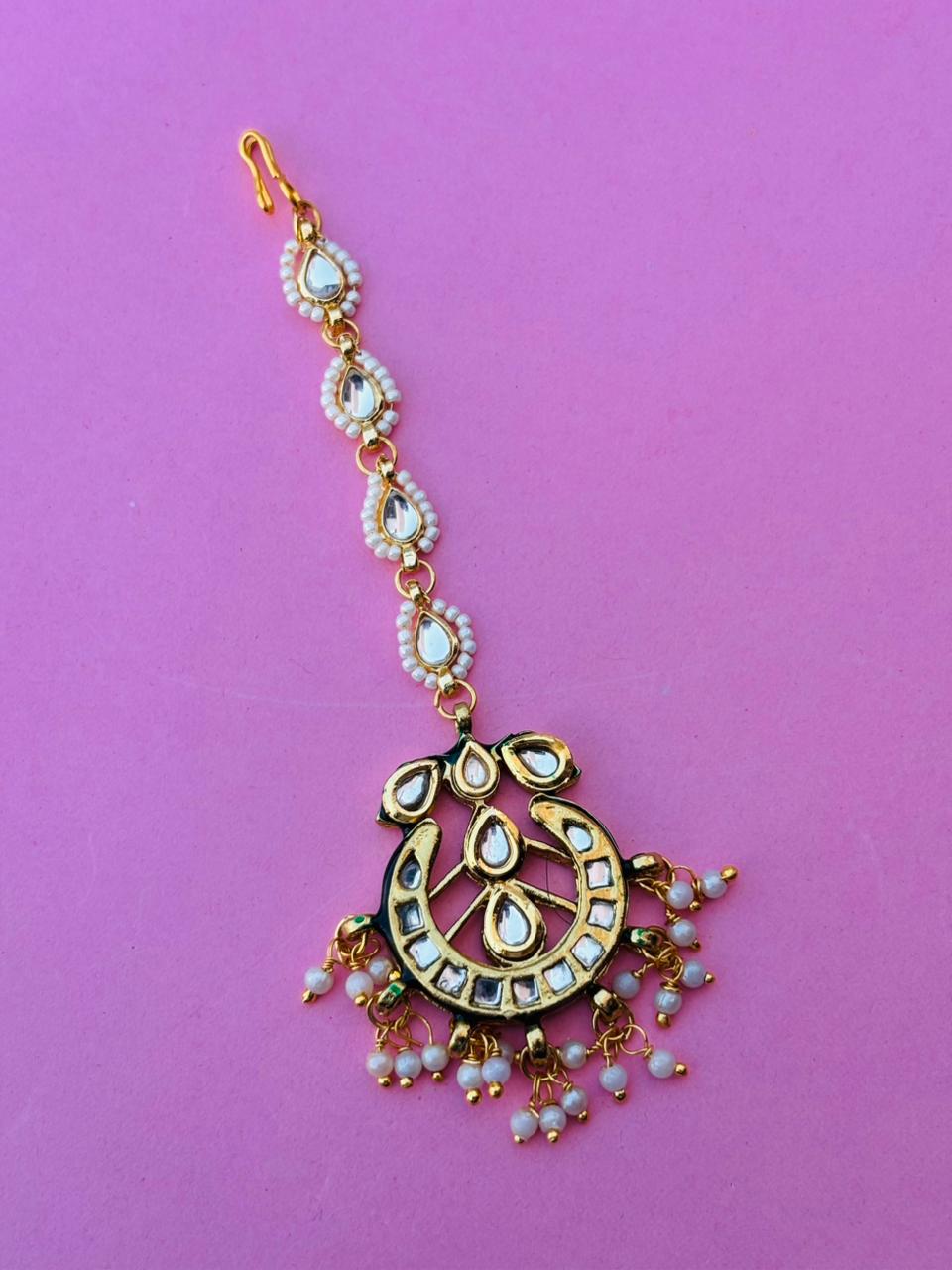Gold Plated Kundan With White Pearl Maangtika - Image 3